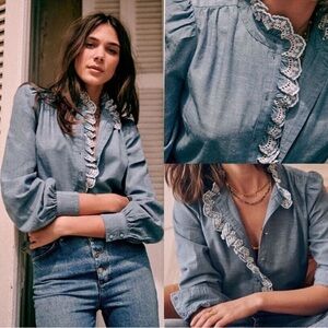 Sézane Chlo Chambray Lace Button Up Shirt Size 42 (US 10)